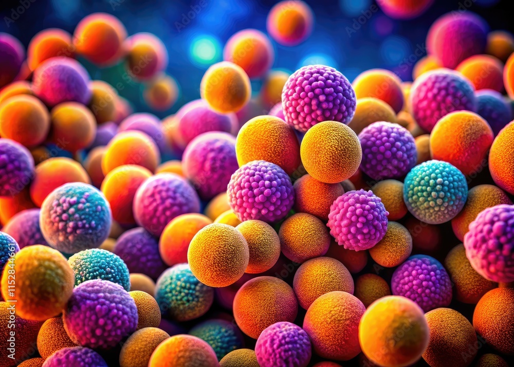 Microscopic image reveals Staphylococcus aureus: clusters of spherical bacteria in a close-up macro view. Microscopic image reveals Staphylococcus aureus: clusters of spherical bacteria in a close-up macro view.