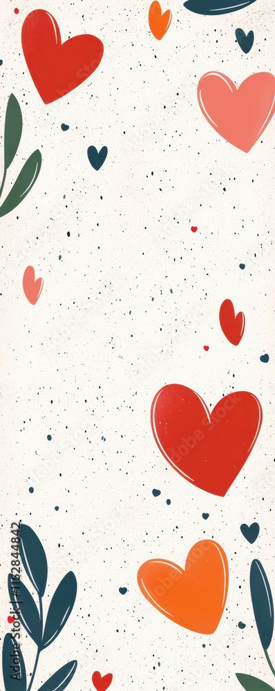 Valentine's sweet heart. Colorful hearts and leaves on a textured white background.
