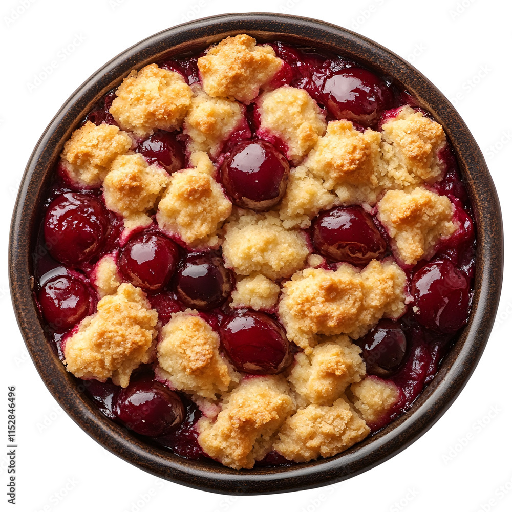 Top view of cherry cobbler on a dark stoneware dish isolated on a white transparent background Top view of cherry cobbler on a dark stoneware dish isolated on a white transparent background