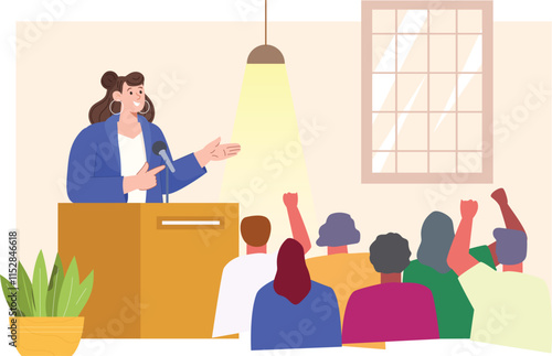 An illustration of a politician delivering a keynote address, standing at a podium with a microphone, speaking confidently to a captivated audience. 