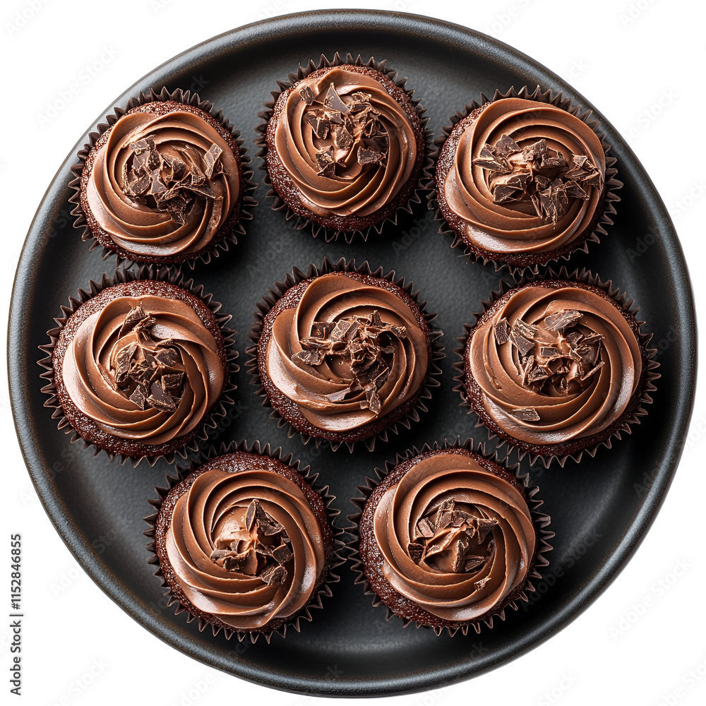 Top view of chocolate cupcakes on a dark porcelain dish isolated on a white transparent background Top view of chocolate cupcakes on a dark porcelain dish isolated on a white transparent background