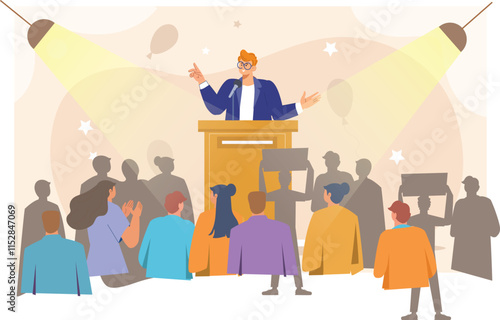 An illustration of a politician delivering a campaign speech, standing at a podium in front of a crowd of enthusiastic supporters. 