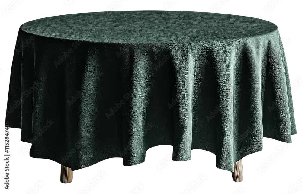 Chic Round Dark Green Tablecloth with Textured Fabric Design. Chic Round Dark Green Tablecloth with Textured Fabric Design.