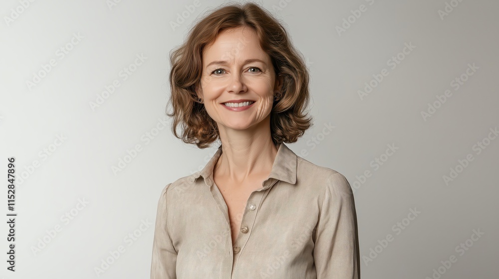 Smiling Middle-Aged Woman with Short Curly Hair Wearing a Beige Blouse Against a Plain White Background Smiling Middle-Aged Woman with Short Curly Hair Wearing a Beige Blouse Against a Plain White Background