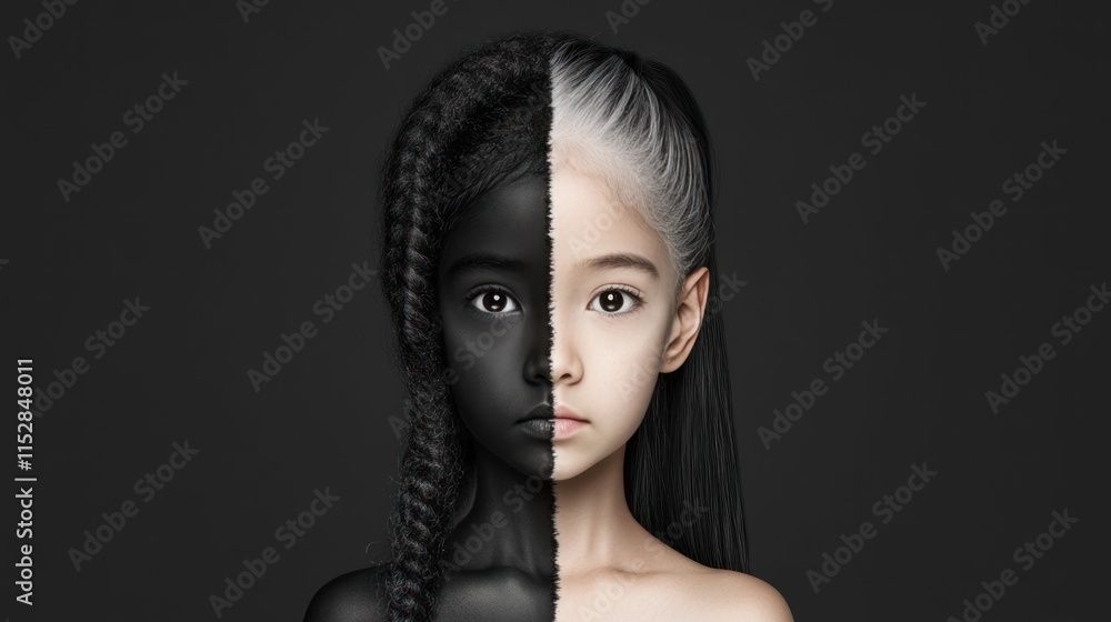 Fototapeta premium Age Dichotomy: Half Young Girl, Half Old Woman in Monochrome