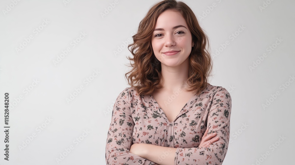 Smiling Young Woman with Curly Brown Hair Wearing a Floral Blouse, Crossing Arms and Standing Against a Plain White Background Smiling Young Woman with Curly Brown Hair Wearing a Floral Blouse, Crossing Arms and Standing Against a Plain White Background