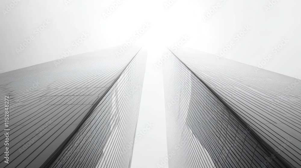 A minimalist perspective of two tall buildings reaching towards a bright sky. A minimalist perspective of two tall buildings reaching towards a bright sky.