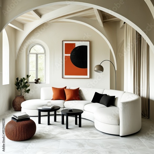 Modern circular living room, white walls, vaulted ceiling, large arched windows, curved white sofa, abstract geometric artwork, orange accents, mid-century modern style, minimalist decor, round coffee