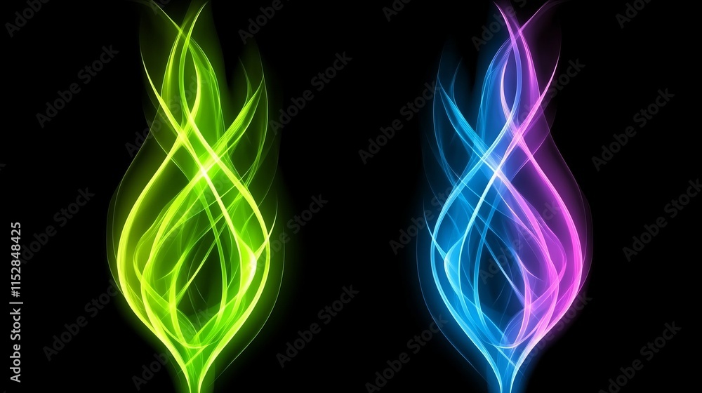 Naklejka premium Abstract Neon Flames Green and Blue Glowing Energy