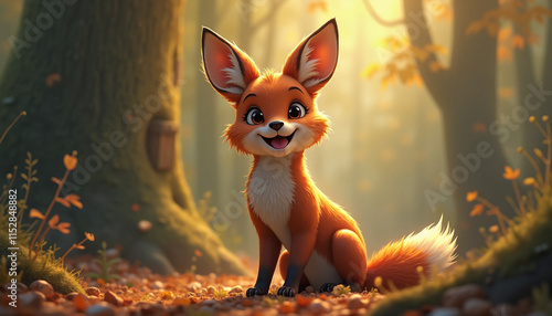 Cute cartoon fox smiling in a colorful autumn forest setting
