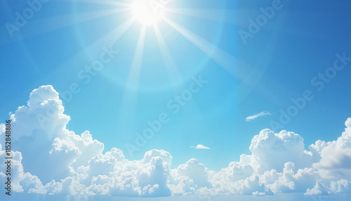 Bright sun shining over fluffy clouds in a clear blue sky
