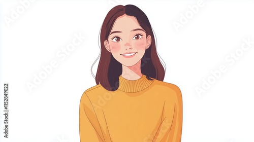 Cartoon-Style Illustration of a Smiling Woman with Shoulder-Length Brown Hair Wearing a Yellow Sweater with a Turtleneck Design
