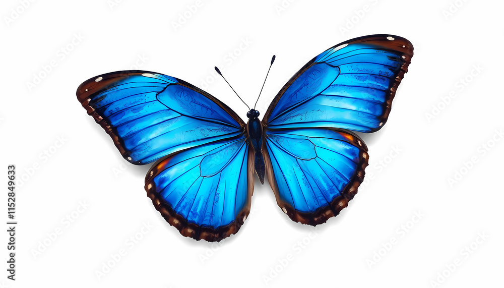 A photorealistic image of a stunning Blue Morpho butterfly resting gracefully with its wings fully open, macro close-up, vibrant iridescent blue, intricate black patterns, total white background, natu A photorealistic image of a stunning Blue Morpho butterfly resting gracefully with its wings fully open, macro close-up, vibrant iridescent blue, intricate black patterns, total white background, natu