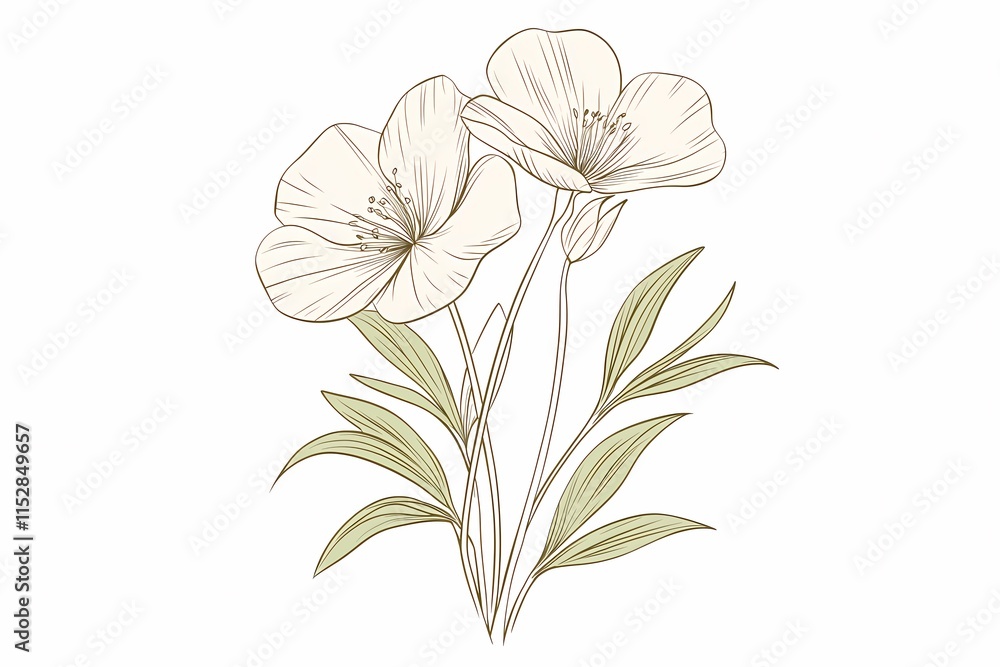 Elegant Botanical Illustration of Delicate Flowers and Green Leaves