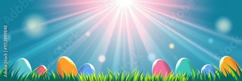 Colorful Easter Eggs Grassy Field Bright Sun Rays Spring Background photo