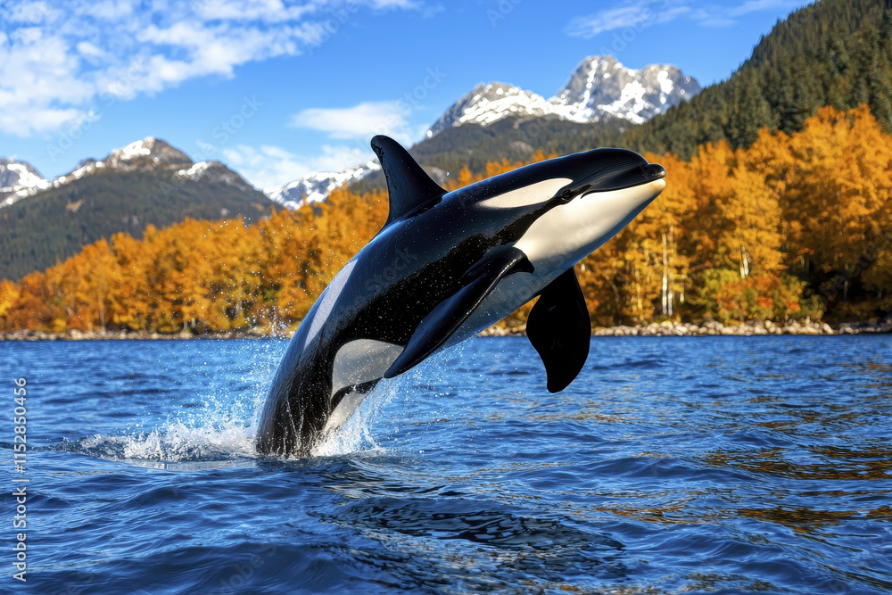 Obraz premium majestic orca leaps from vibrant blue water against backdrop of autumn trees and mountains, showcasing nature beauty