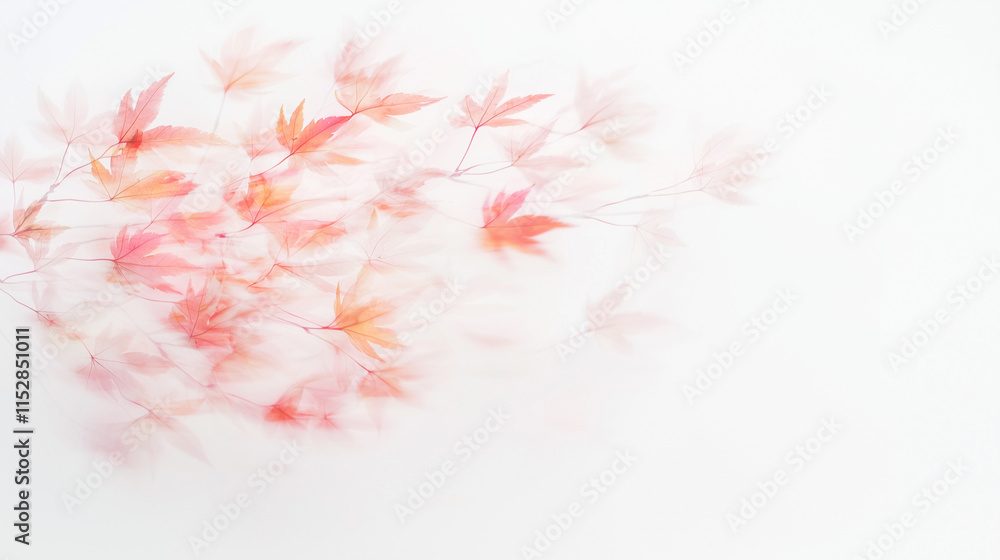 Fototapeta premium Delicate Autumn Hues: A delicate cluster of blush-pink maple leaves, artfully arranged on a white background, evokes a soft and ethereal atmosphere.