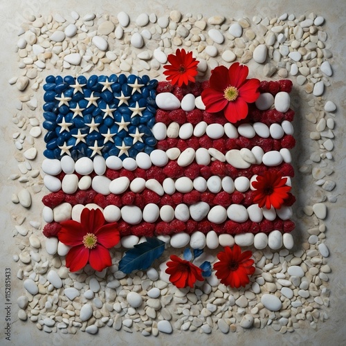 Creative American Flag with Vibrant Flowers - Artistic Illustration