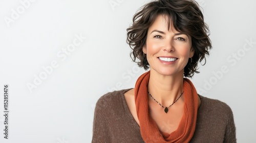 Smiling woman with short wavy brunette hair wearing brown sweater and orange scarf accessories with black beaded necklace against white background photo