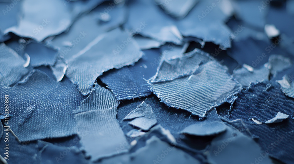 Recycled denim fabric pieces in various shades of blue, showcasing texture and sustainability Recycled denim fabric pieces in various shades of blue, showcasing texture and sustainability