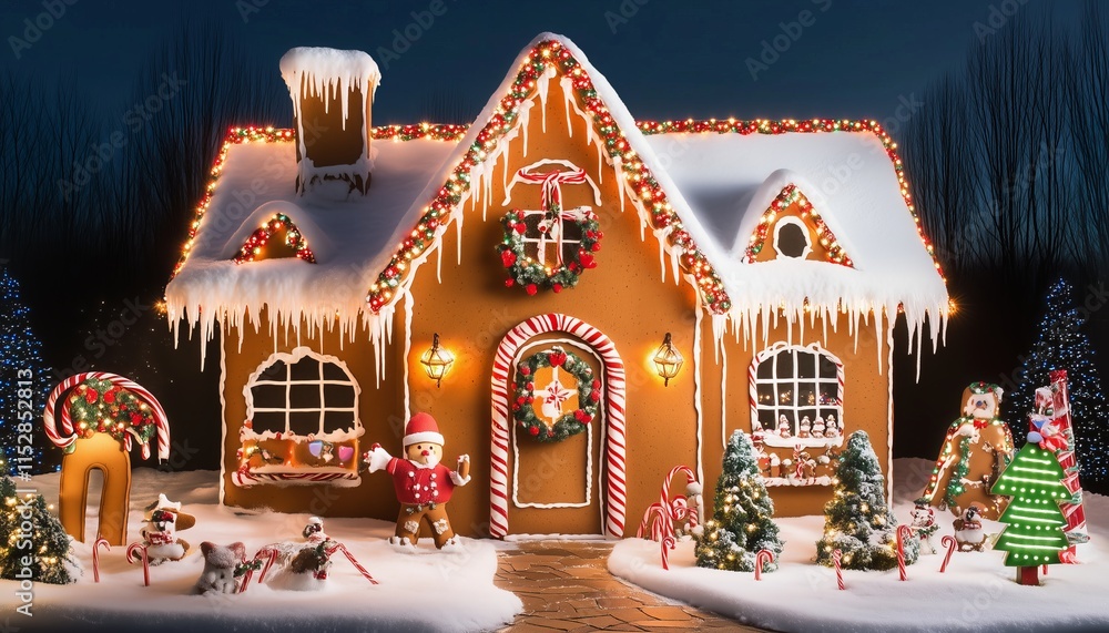 Fototapeta premium Gingerbread house exterior with a snow-covered roof, Christmas lights, and holiday decorations 
