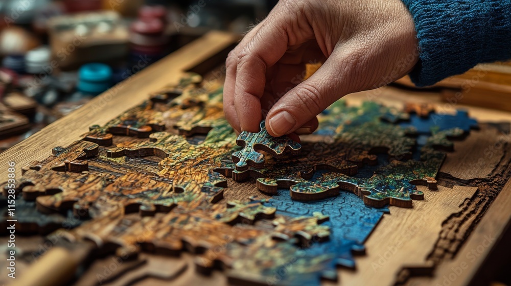 Concept of decision making process, logical thinking. Logical tasks. Conundrum, find the missing piece of the proposed. Hand holding wooden puzzle element. Hand sets the last element of the puzzle. Concept of decision making process, logical thinking. Logical tasks. Conundrum, find the missing piece of the proposed. Hand holding wooden puzzle element. Hand sets the last element of the puzzle.