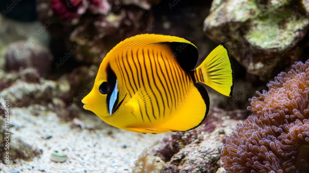 Fototapeta premium Vibrant Yellow Fish Swimming Gracefully Through a Colorful Coral Reef in an Underwater Scene Full of Life and Natural Beauty, Showcasing Marine Diversity, Texture, and Color