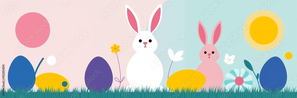Happy Easter Bunnies Pastel Eggs Spring Meadow Scene Happy Easter Bunnies Pastel Eggs Spring Meadow Scene