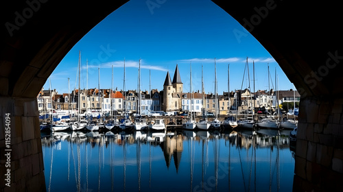 Harbor View, Sailboats Docked at Picturesque Waterfront, Reflecting in Calm Waters Under Archway photo