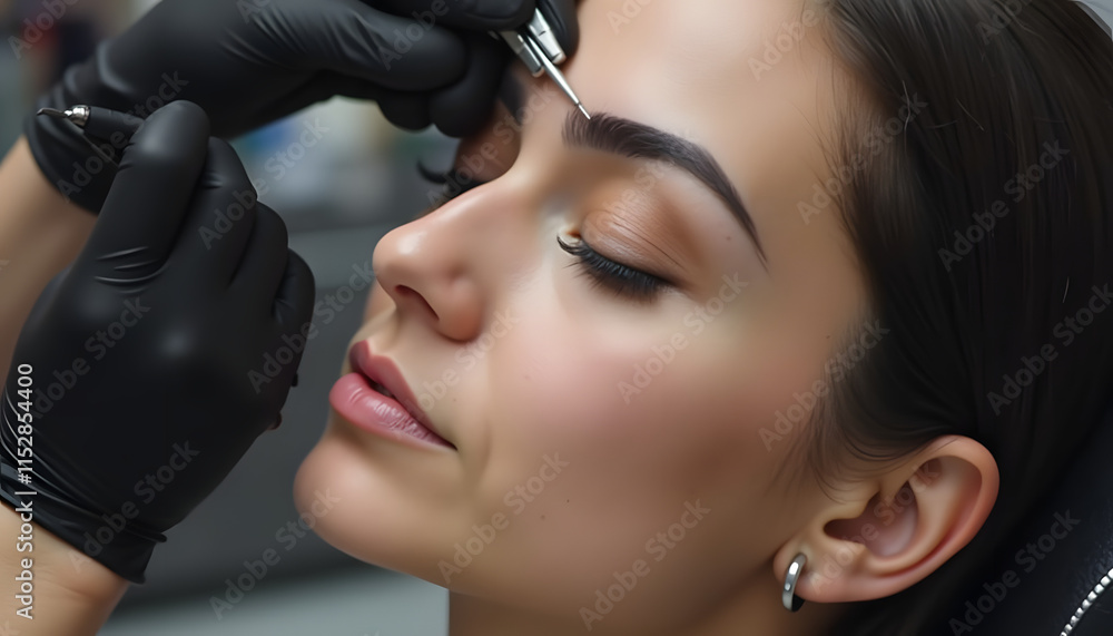 Consultation and choice of shape: Image of a beautician who discusses the shape and color of eyebrows with the client. Consultation and choice of shape: Image of a beautician who discusses the shape and color of eyebrows with the client.