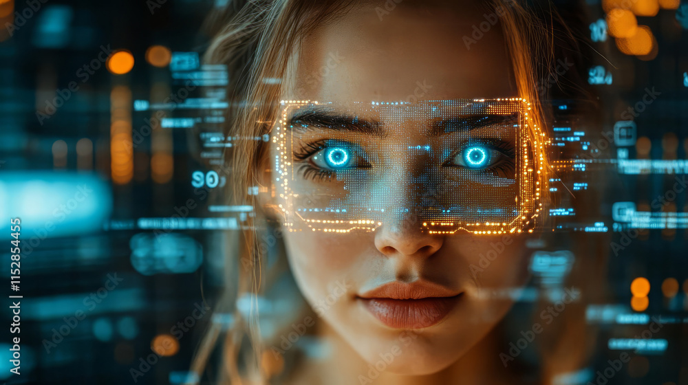 A futuristic portrait of a woman with high-tech visual effects and glowing eyes. A futuristic portrait of a woman with high-tech visual effects and glowing eyes.