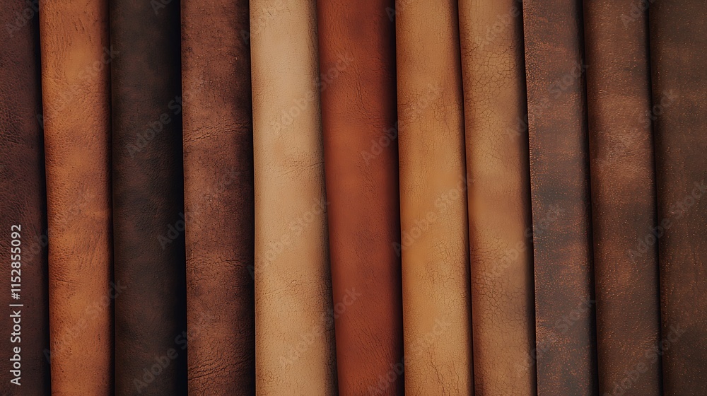 A row of brown leather items are lined up A row of brown leather items are lined up