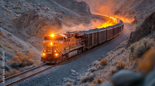 A vibrant freight train travels through a scenic mountain landscape at sunset. photo