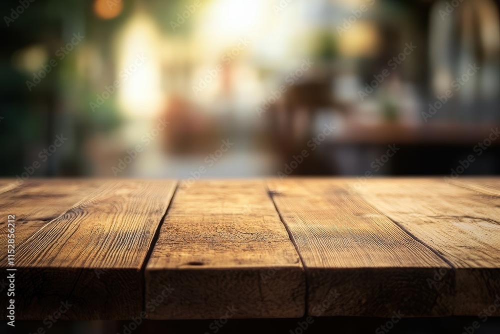 Rustic wooden table in blurred outdoor cafe setting. Rustic wooden table in blurred outdoor cafe setting.