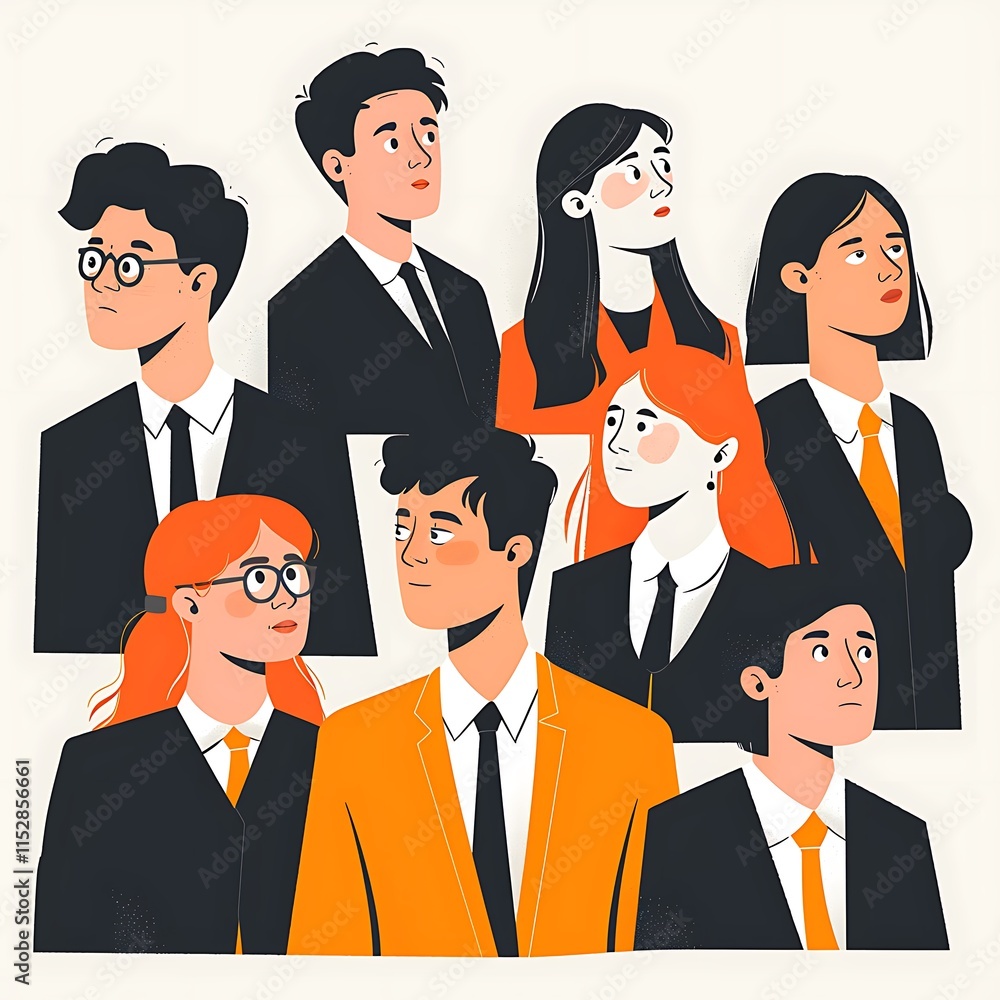 Flat design illustration of a diverse group of business people in formal attire, standing in a team formation. 8k UHD, suitable for high-quality printing or digital display. Flat design illustration of a diverse group of business people in formal attire, standing in a team formation. 8k UHD, suitable for high-quality printing or digital display.