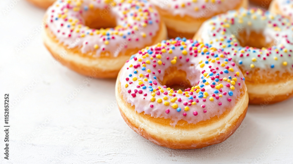 Colorful doughnuts with icing and sprinkles on white background isolated design on white background Colorful doughnuts with icing and sprinkles on white background isolated design on white background