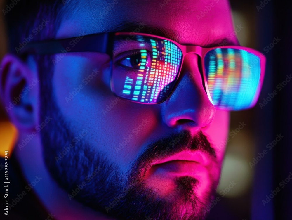 Man with illuminated glasses. AI. Man with illuminated glasses. AI.