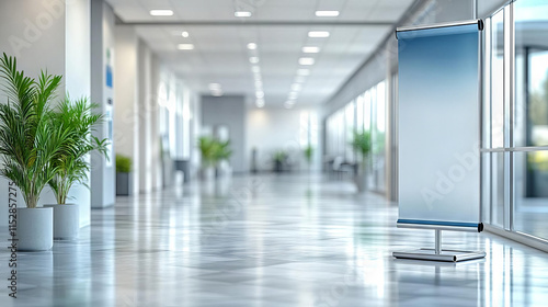 Wallpaper Mural Modern corridor with plants and a blank board for presentations in a well-lit space. Torontodigital.ca