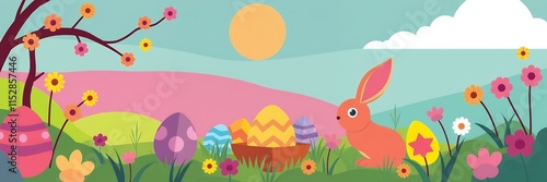 Happy Easter Bunny Colorful Eggs Spring Meadow Landscape