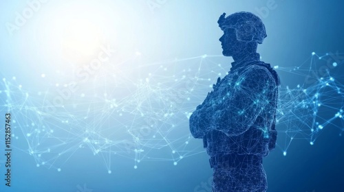 Digital Silhouette of a Soldier Against a Futuristic Blue Background Representing Technology, Security, and Modern Warfare Concepts