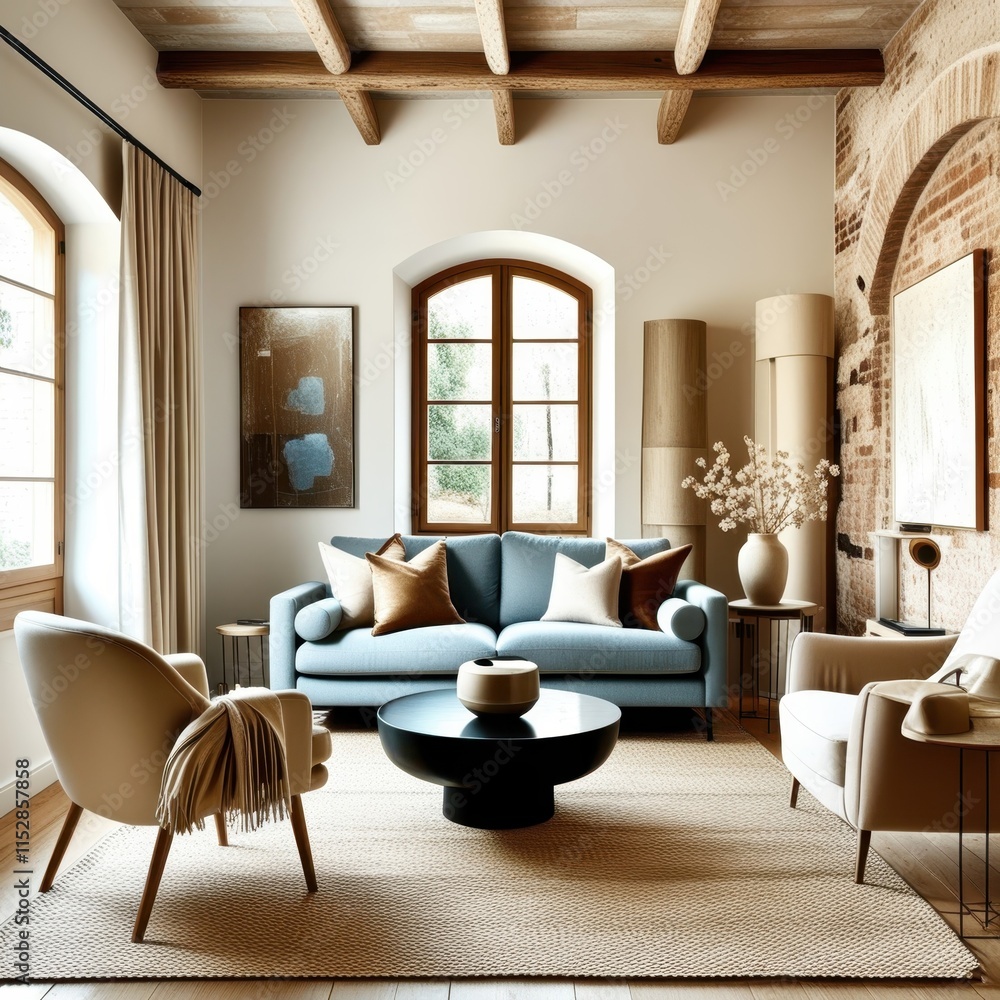 Fototapeta premium Cozy living room, vaulted ceiling with wooden beams, exposed brick wall, arched windows, blue velvet sofa, curved cream armchairs, minimalist coffee table, neutral color palette, natural light, textur
