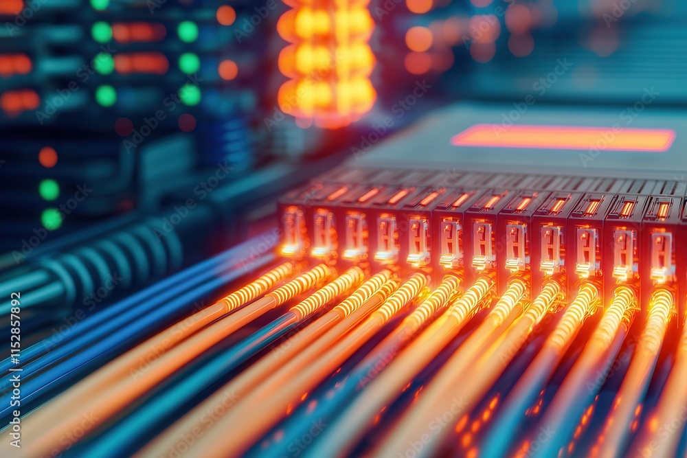 Fiber optic networks transmit data via lasers. Network cables and connectors illuminated in a data center. Fiber optic networks transmit data via lasers. Network cables and connectors illuminated in a data center.