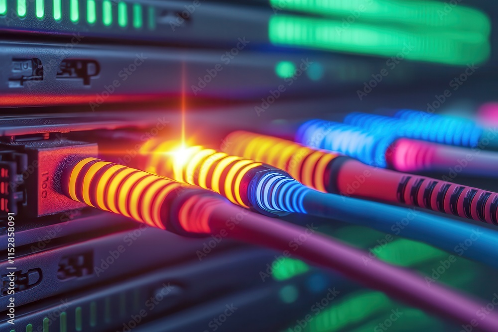 Fiber optic networks transmit data via lasers. Vibrant network cables connected to servers in a data center. Fiber optic networks transmit data via lasers. Vibrant network cables connected to servers in a data center.
