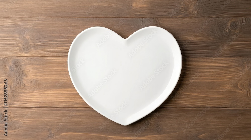 Heart-shaped White Plate on Wooden Background Heart-shaped White Plate on Wooden Background