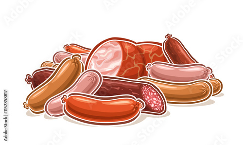 Vector logo for Fresh Sausages, horizontal poster with cartoon design raw natural sausage composition, decorative sign board with group of farmer diverse sausage still life on white background