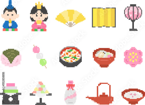 いろいろな、ひな祭りのドット絵のイラストセット