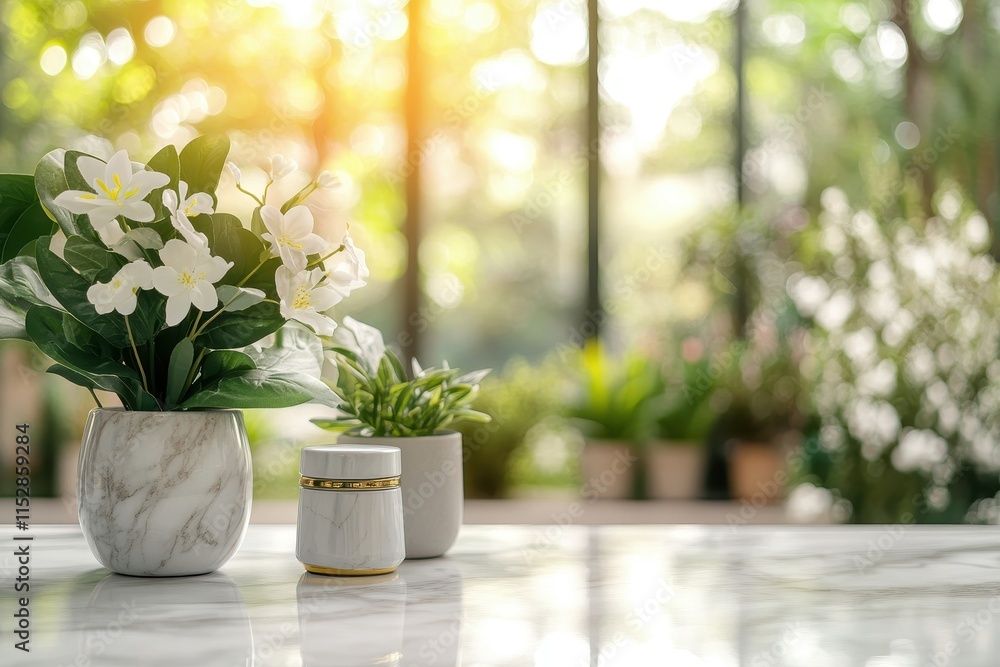 White flowers in marble vase on table, sunlight. White flowers in marble vase on table, sunlight.