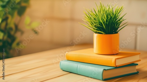 Vibrant Books on Wooden Table with Daylight Shadows
