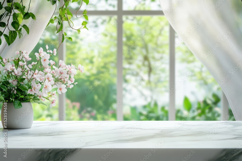 Marble table with flowers near window. Marble table with flowers near window.