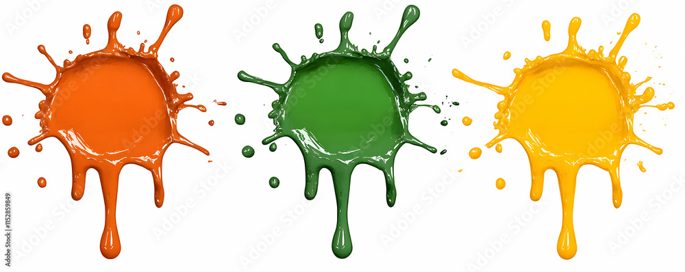 Vibrant Paint Splats, Orange, Green, Yellow Droplets Cascade Downward Dynamically Vibrant Paint Splats, Orange, Green, Yellow Droplets Cascade Downward Dynamically